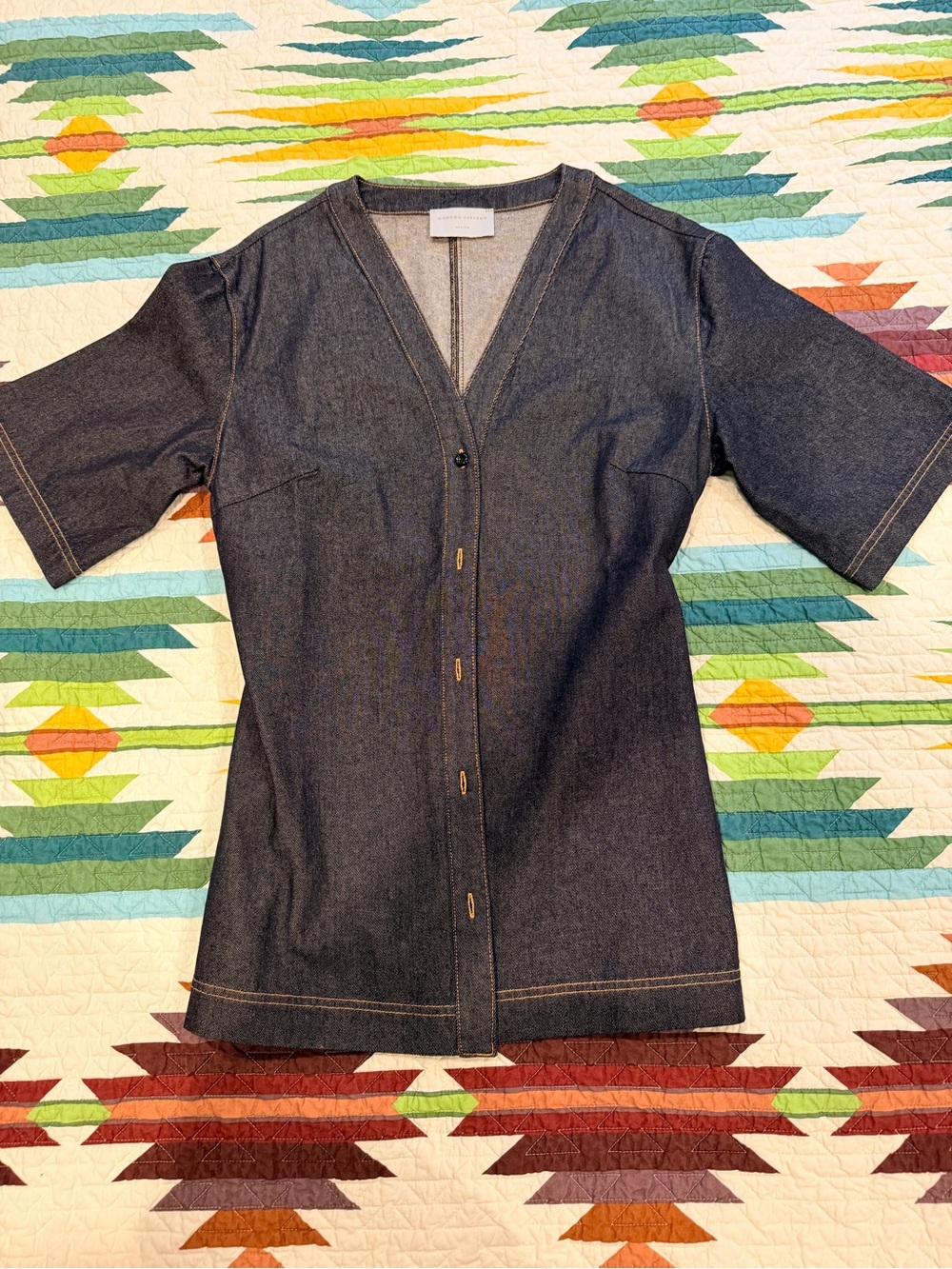 Modern Citizen Indigo Denim Short Sleeve Button-Up Top